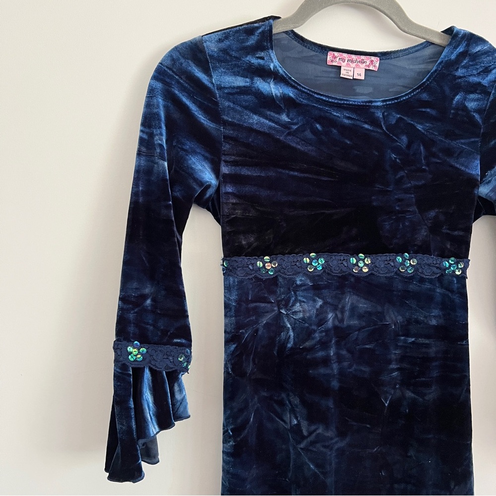Y2K Whimsy Goth Navy Blue Velvet Maxi Dress Bell Sleeve Girls Size 14 Witchy - Picture 6 of 10